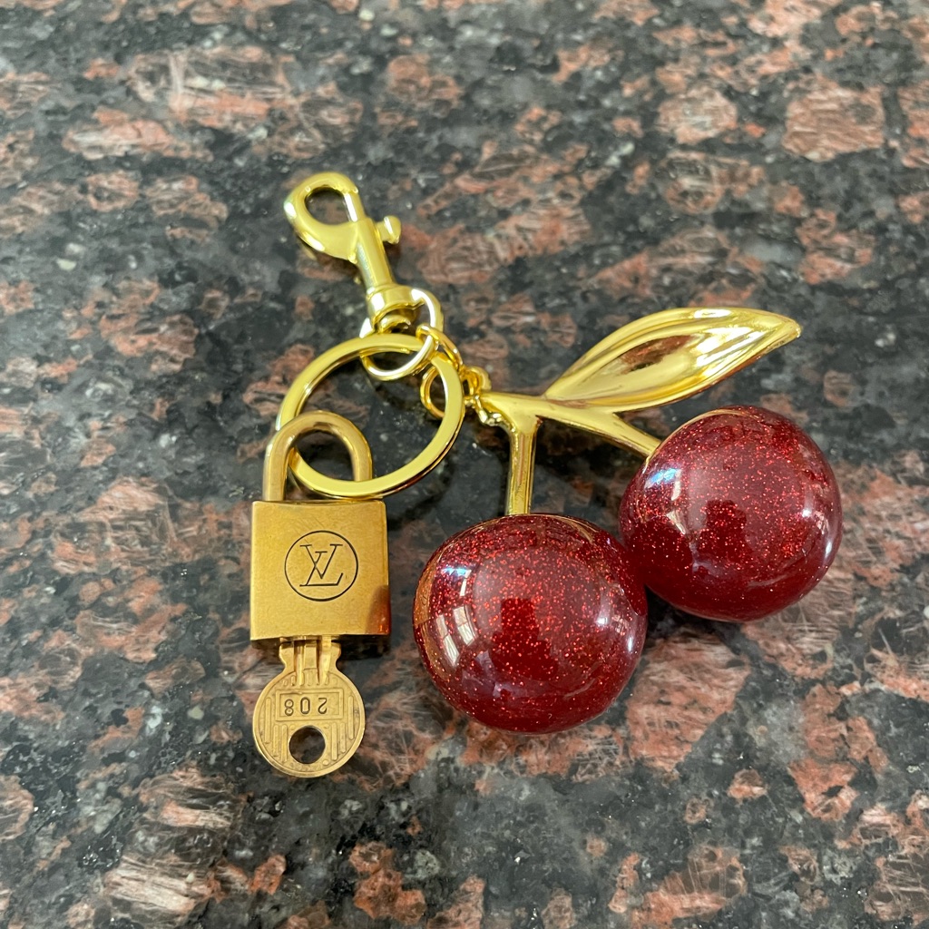 Louis Vuitton, Limed Edition Gold-Tone Key Charm W/Red Glitter Cherries, Ceries
